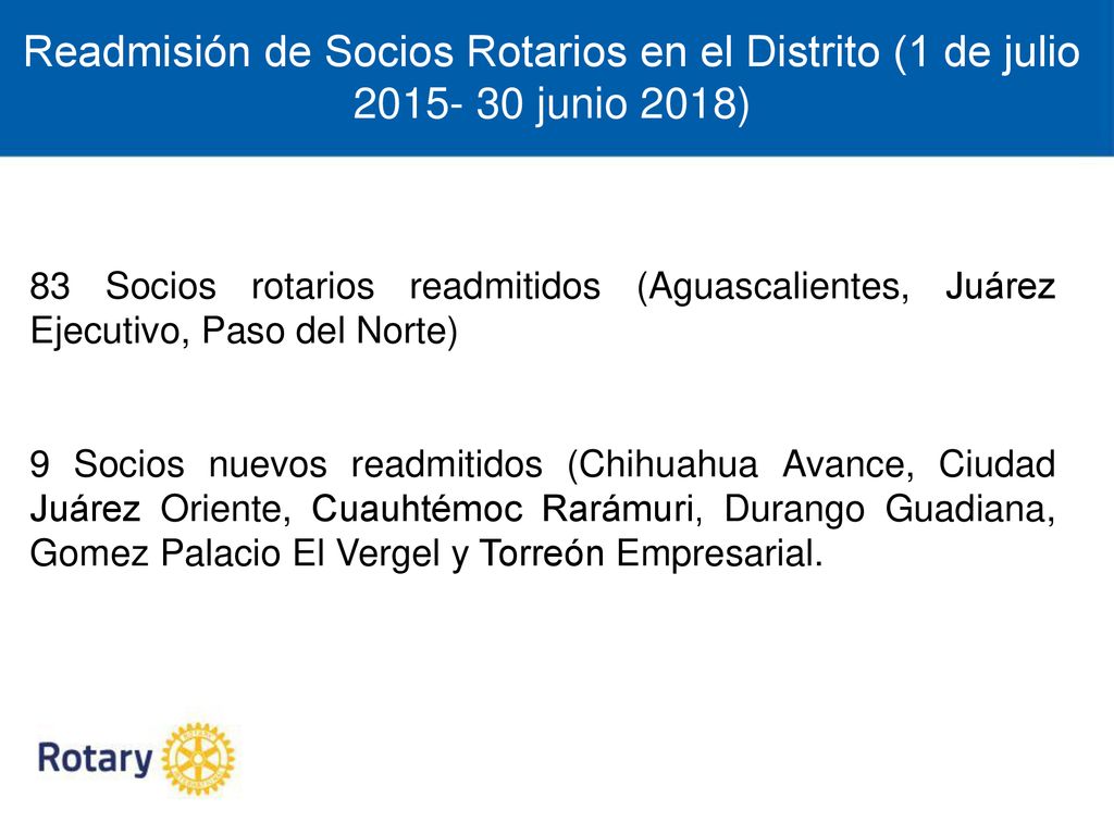 Readmisión de Socios Rotarios en el Distrito (1 de julio junio 2018)