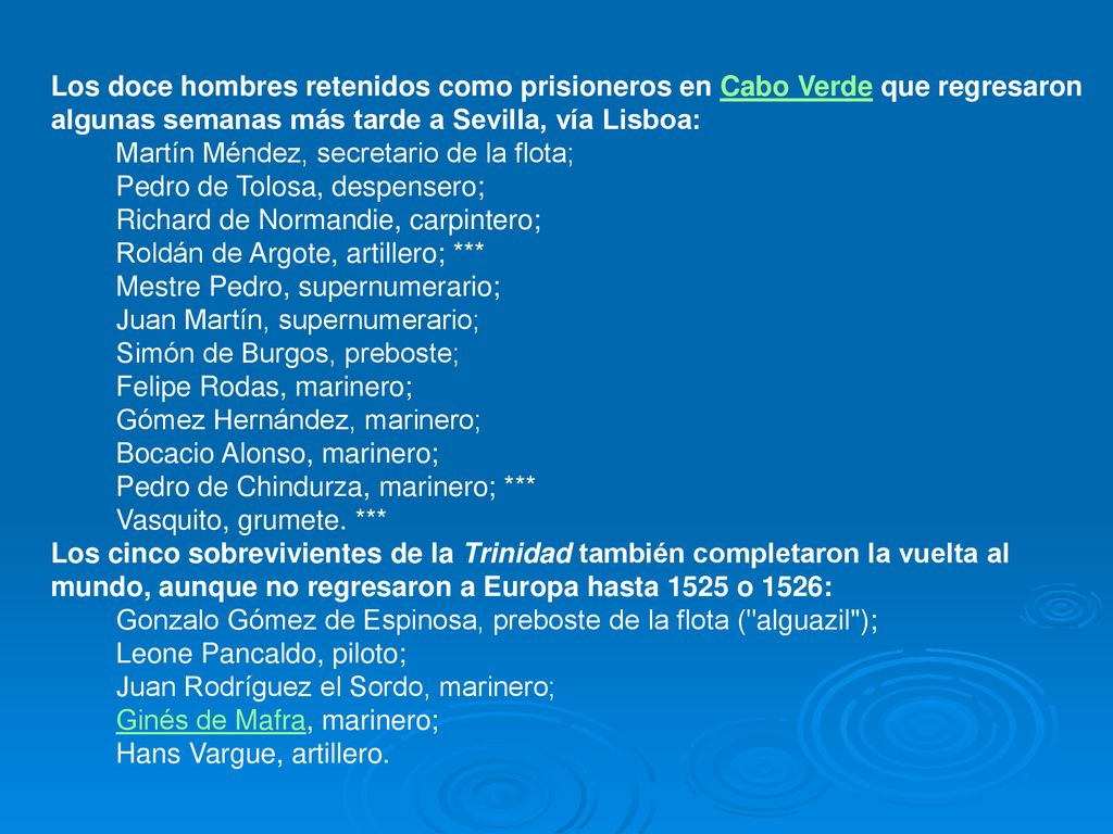 Los doce hombres retenidos como prisioneros en Cabo Verde que regresaron algunas semanas más tarde a Sevilla, vía Lisboa: