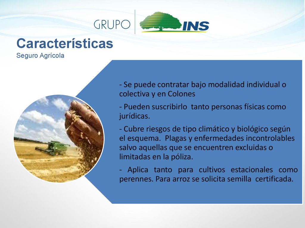 Características Seguro Agrícola. - Se puede contratar bajo modalidad individual o colectiva y en Colones.
