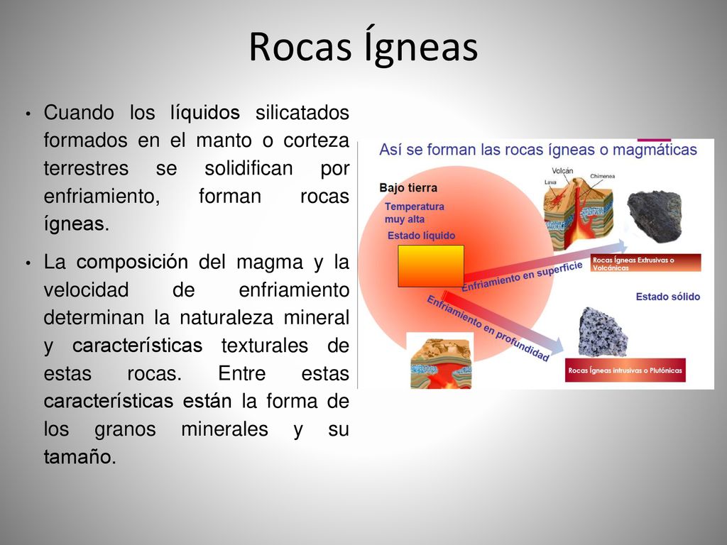 Rocas Ígneas Cuando los líquidos silicatados formados en el manto o corteza terrestres se solidifican por enfriamiento, forman rocas ígneas.