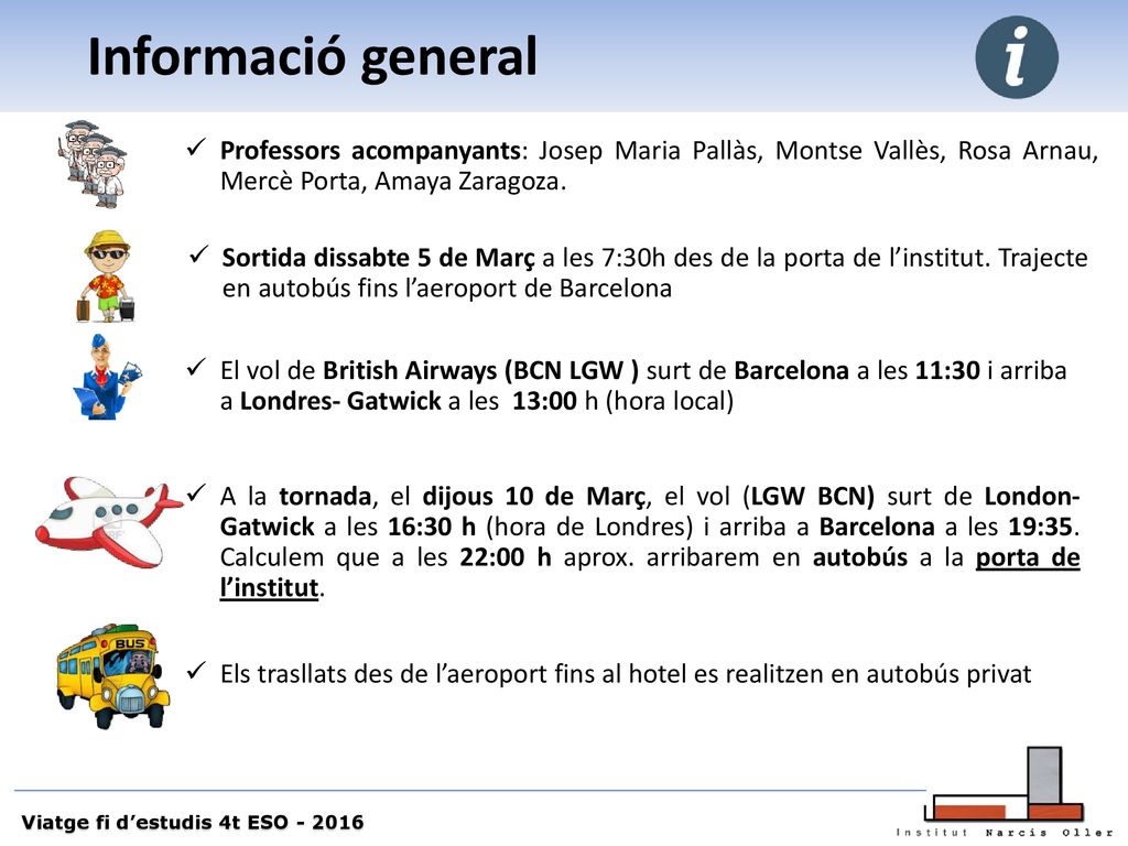 Informació general Professors acompanyants: Josep Maria Pallàs, Montse Vallès, Rosa Arnau, Mercè Porta, Amaya Zaragoza.