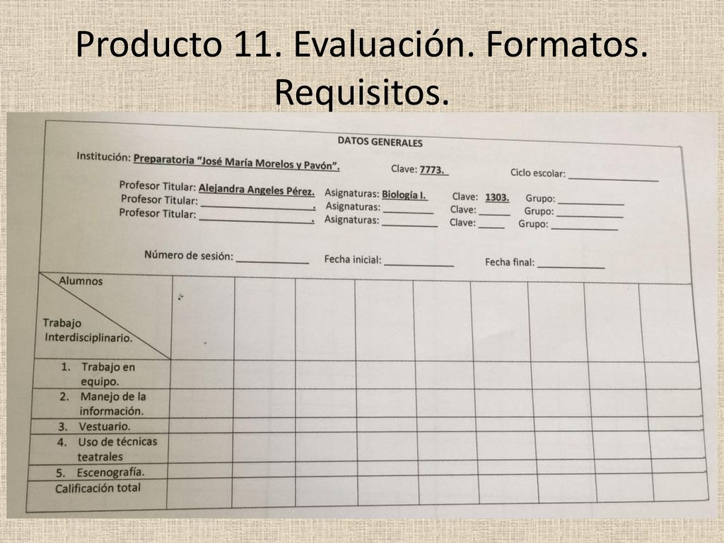 Producto 11. Evaluación. Formatos. Requisitos.