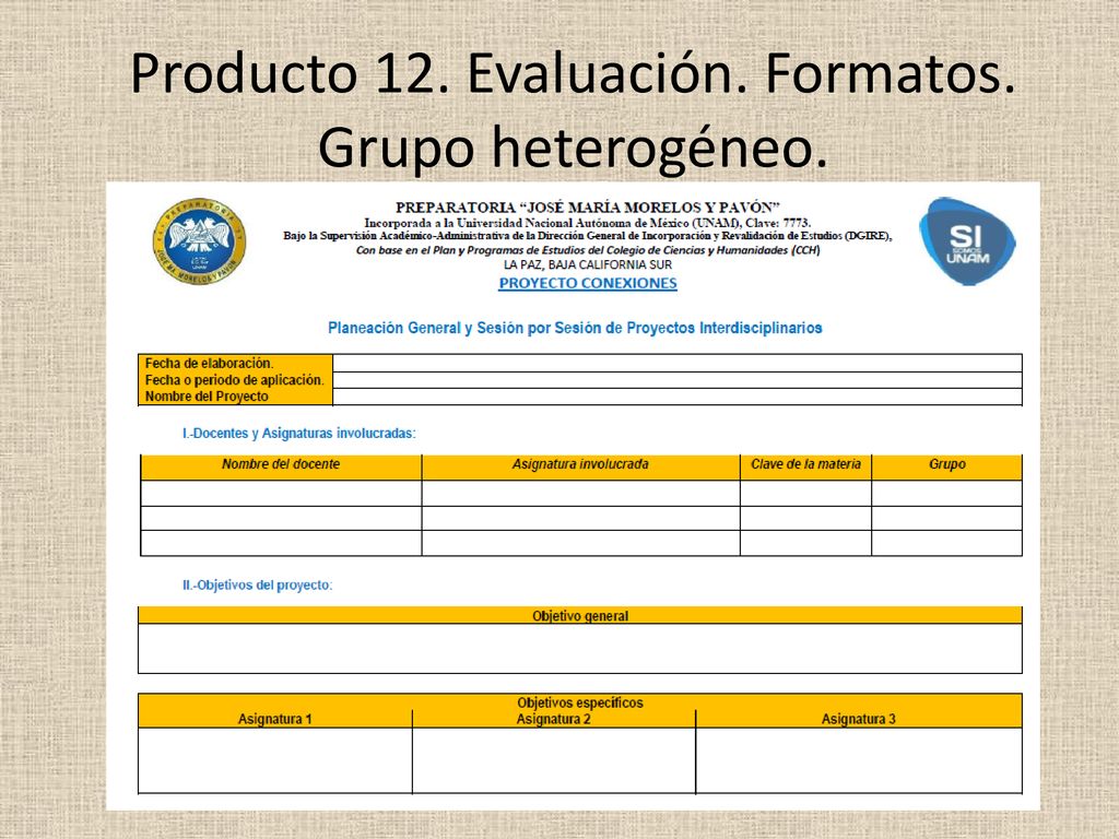 Producto 12. Evaluación. Formatos. Grupo heterogéneo.