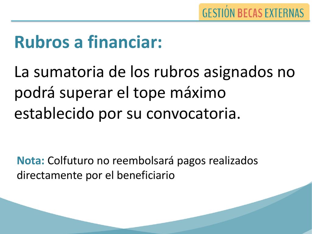 Rubros a financiar: La sumatoria de los rubros asignados no podrá superar el tope máximo establecido por su convocatoria.