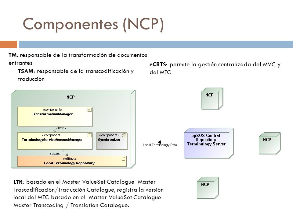 Componentes (NCP) TM: responsable de la transformación de documentos entrantes. eCRTS: permite la gestión centralizada del MVC y del MTC.