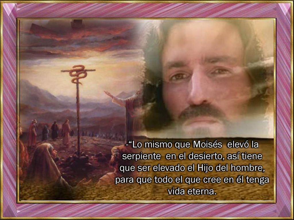 - Lo mismo que Moisés elevó la serpiente en el desierto, así tiene que ser elevado el Hijo del hombre, para que todo el que cree en él tenga vida eterna.