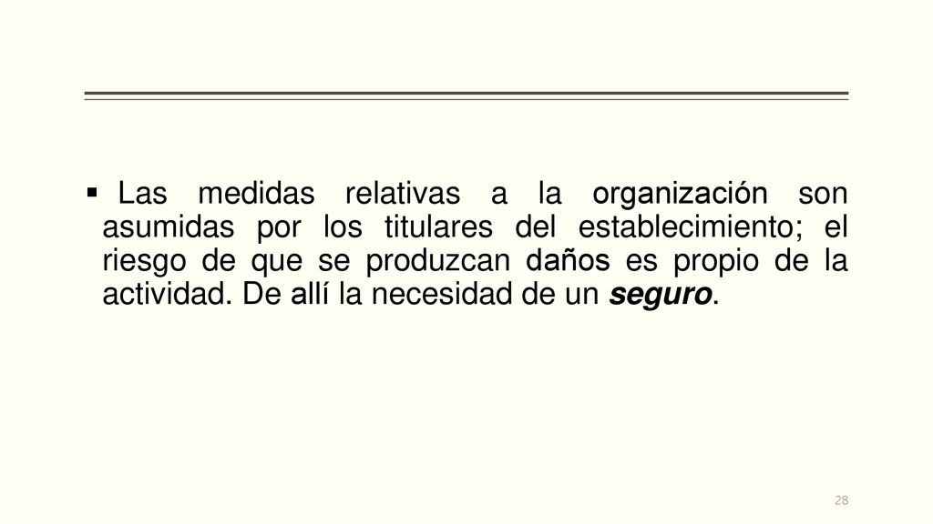 Las medidas relativas a la organización son asumidas por los titulares del establecimiento; el riesgo de que se produzcan daños es propio de la actividad.