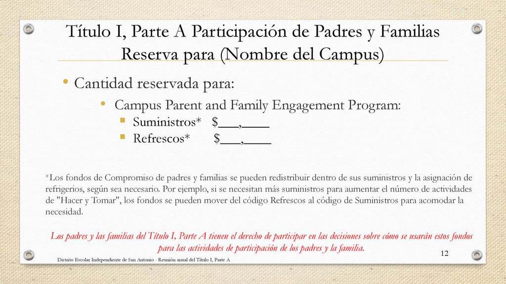Título I, Parte A Participación de Padres y Familias Reserva para (Nombre del Campus)