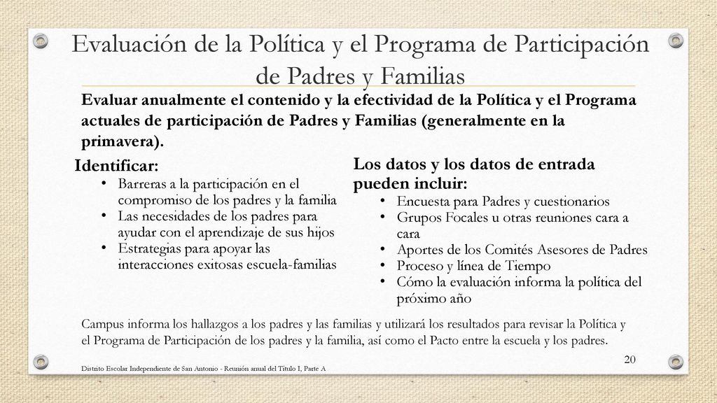 Evaluación de la Política y el Programa de Participación de Padres y Familias