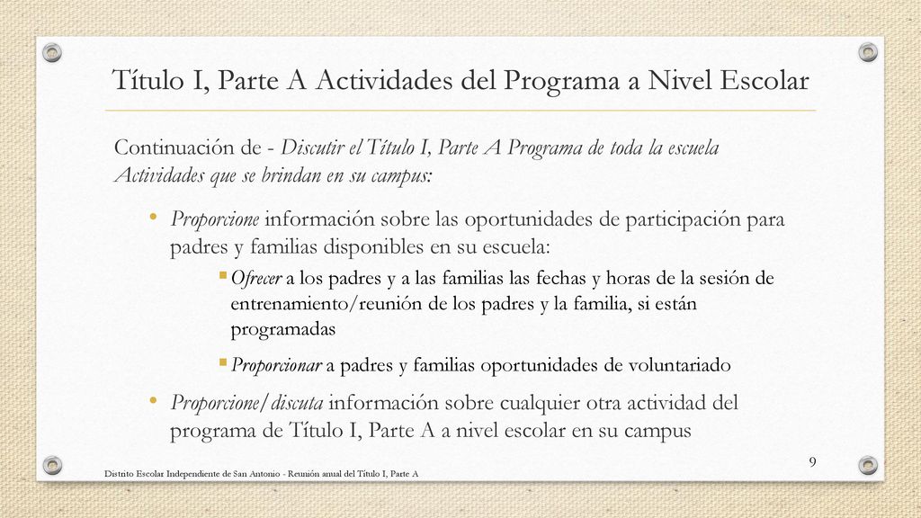 Título I, Parte A Actividades del Programa a Nivel Escolar