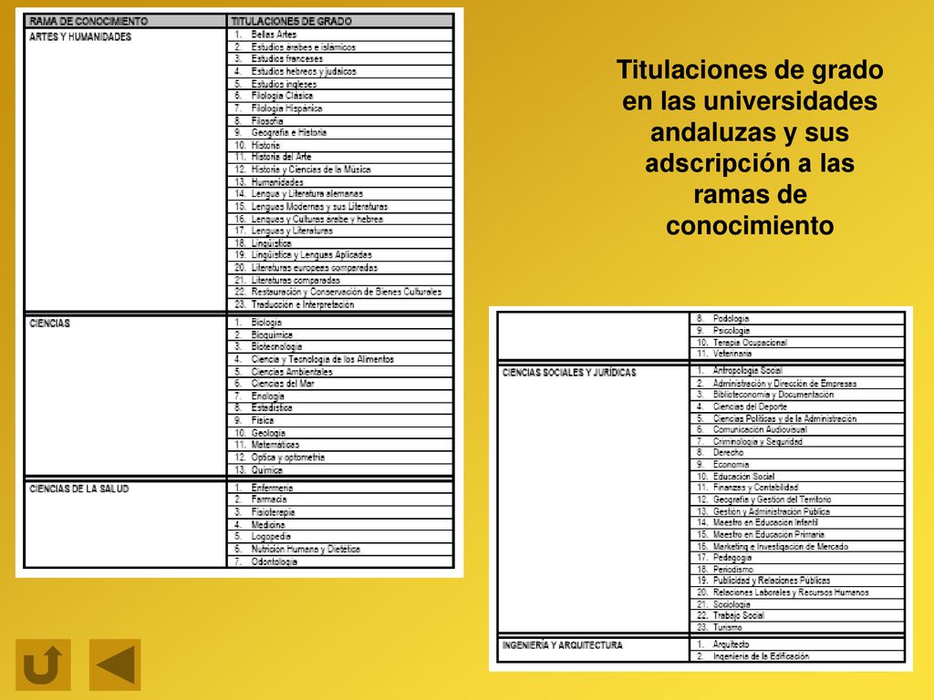 Titulaciones de grado en las universidades andaluzas y sus adscripción a las ramas de conocimiento
