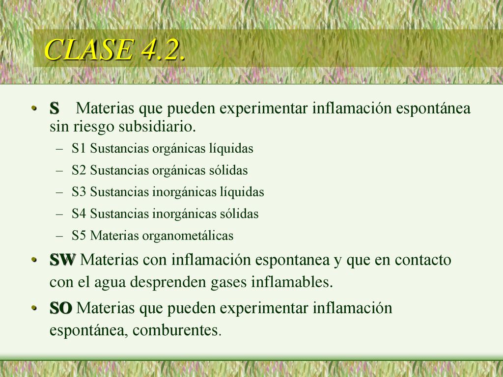 CLASE 4.2. S Materias que pueden experimentar inflamación espontánea sin riesgo subsidiario. S1 Sustancias orgánicas líquidas.