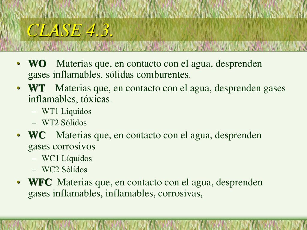 CLASE 4.3. WO Materias que, en contacto con el agua, desprenden gases inflamables, sólidas comburentes.