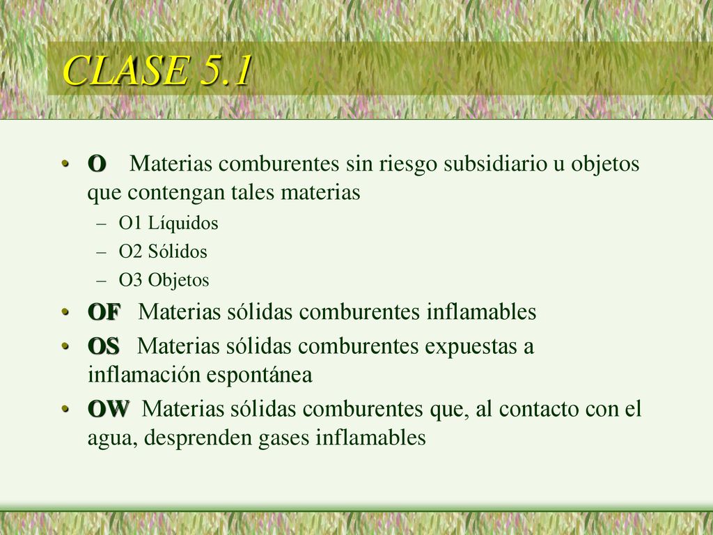 CLASE 5.1 O Materias comburentes sin riesgo subsidiario u objetos que contengan tales materias. O1 Líquidos.