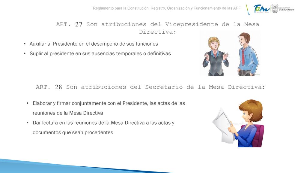 ART. 27 Son atribuciones del Vicepresidente de la Mesa Directiva: