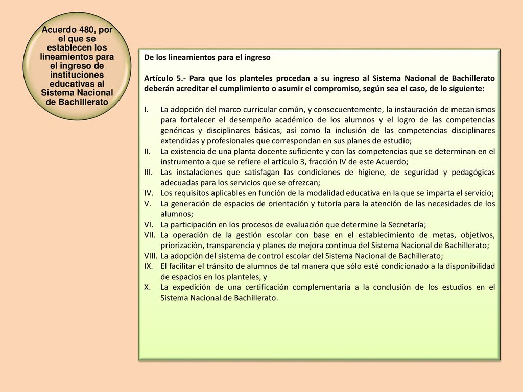 Acuerdo 480, por el que se establecen los lineamientos para el ingreso de instituciones educativas al Sistema Nacional de Bachillerato
