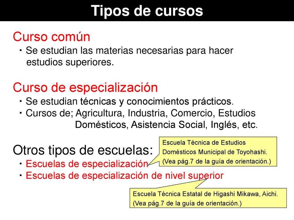 Tipos de cursos Curso común Curso de especialización
