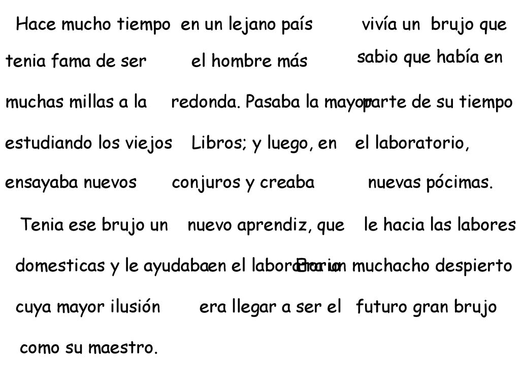 Hace mucho tiempo en un lejano país. vivía un brujo que. sabio que había en. tenia fama de ser.