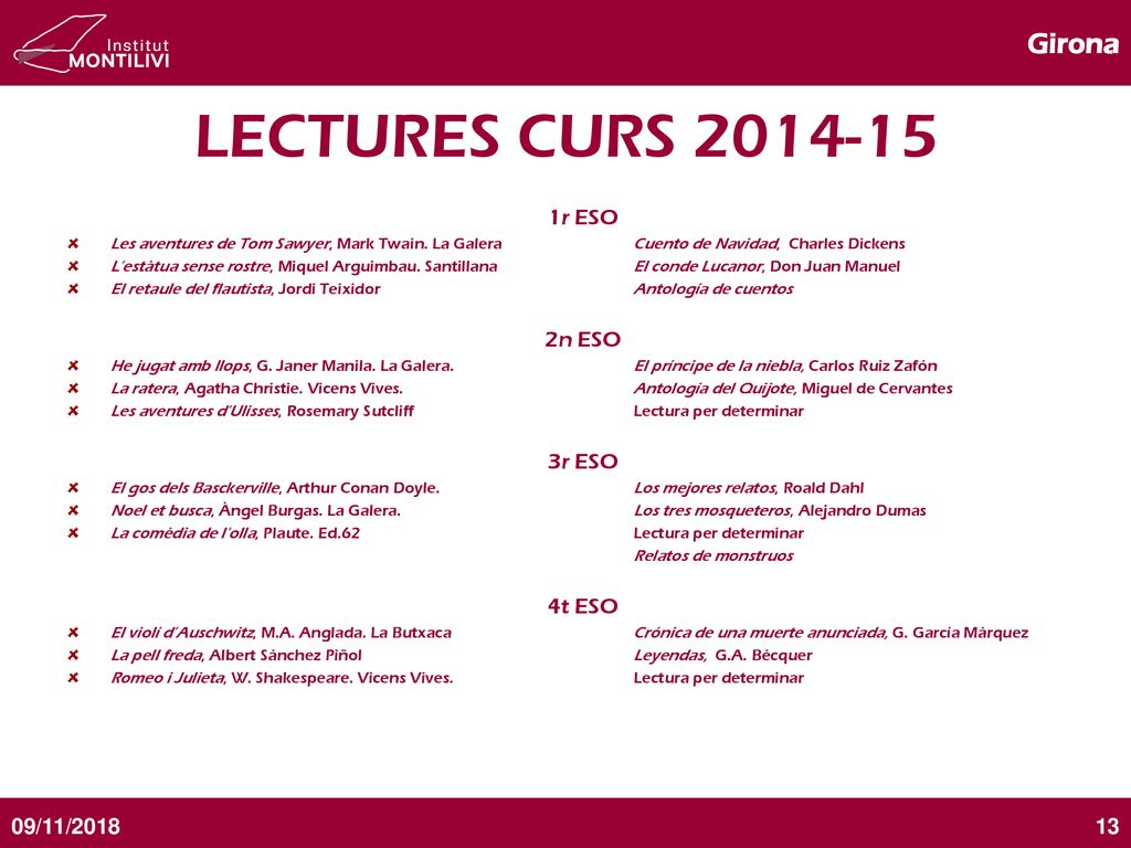 LECTURES CURS r ESO 2n ESO 3r ESO 4t ESO 09/11/2018