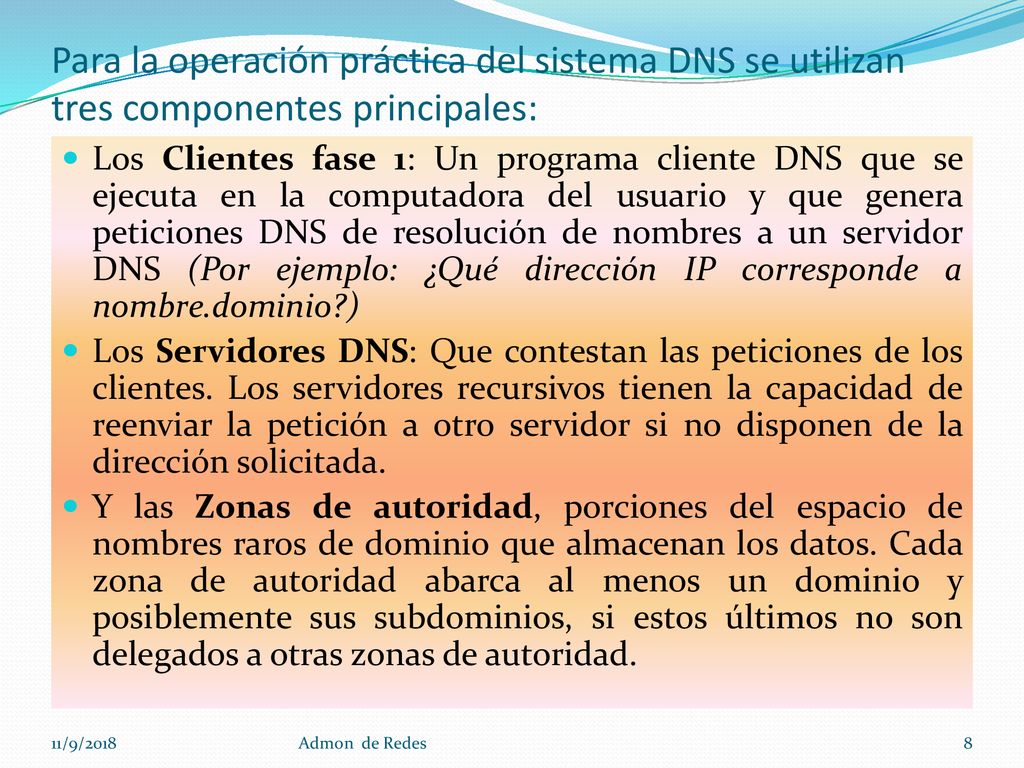 Para la operación práctica del sistema DNS se utilizan tres componentes principales: