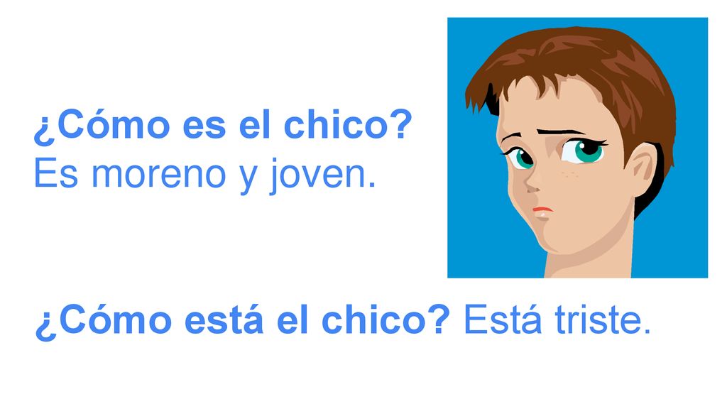 ¿Cómo es el chico Es moreno y joven. ¿Cómo está el chico Está triste.