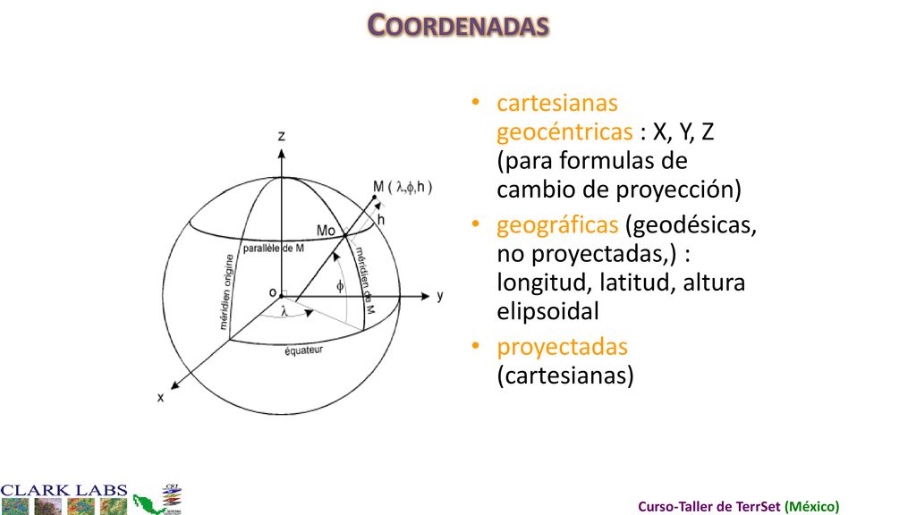 Coordenadas cartesianas geocéntricas : X, Y, Z (para formulas de cambio de proyección)