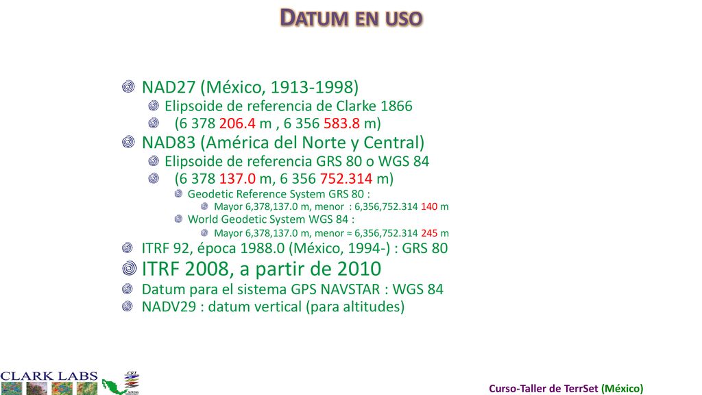 Datum en uso ITRF 2008, a partir de 2010 NAD27 (México, )