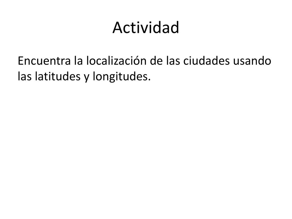 Actividad Encuentra la localización de las ciudades usando las latitudes y longitudes.