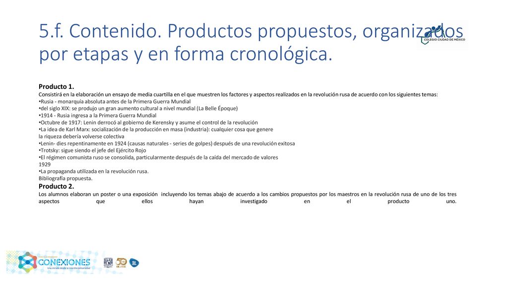 5.f. Contenido. Productos propuestos, organizados por etapas y en forma cronológica.