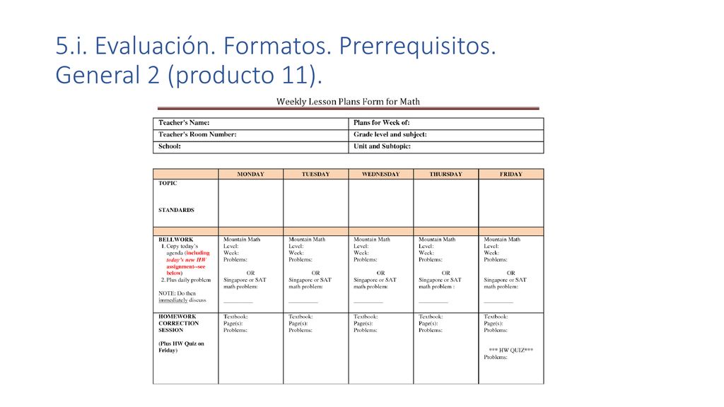 5.i. Evaluación. Formatos. Prerrequisitos. General 2 (producto 11).