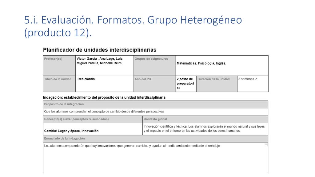 5.i. Evaluación. Formatos. Grupo Heterogéneo (producto 12).