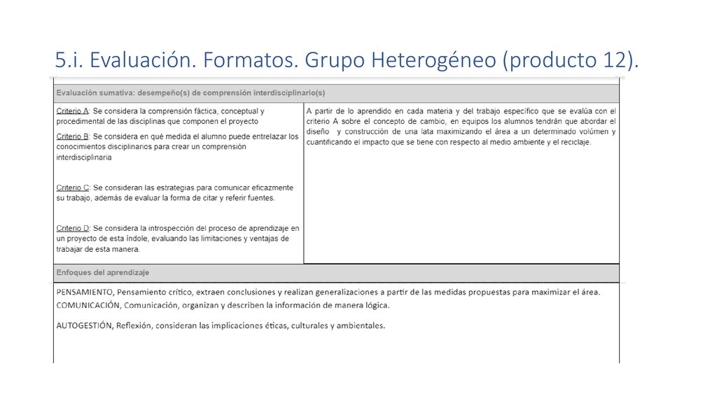 5.i. Evaluación. Formatos. Grupo Heterogéneo (producto 12).