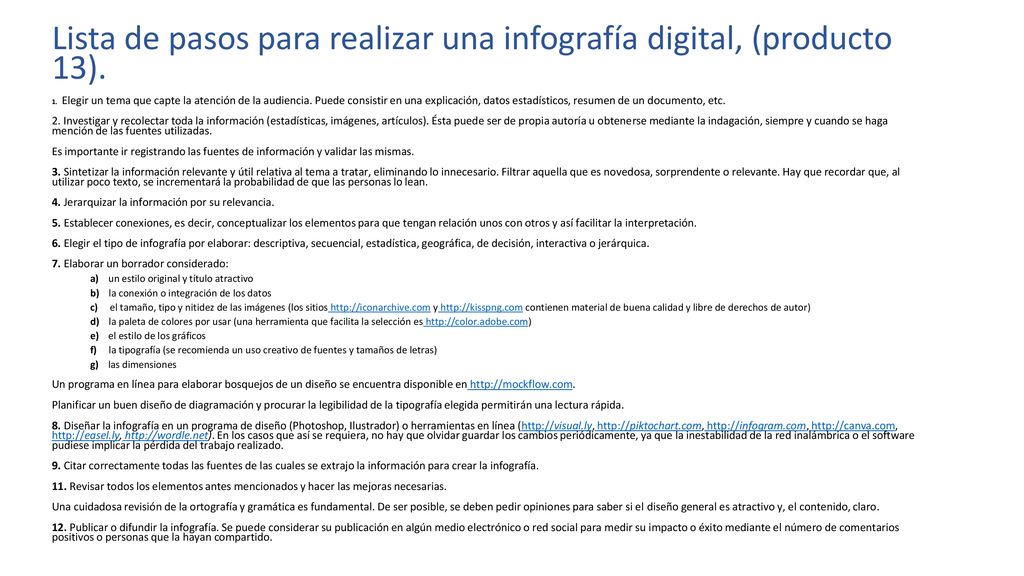 Lista de pasos para realizar una infografía digital, (producto 13).