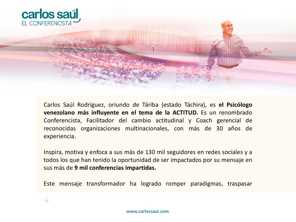 Carlos Saúl Rodríguez, oriundo de Táriba (estado Táchira), es el Psicólogo venezolano más influyente en el tema de la ACTITUD. Es un renombrado Conferencista, Facilitador del cambio actitudinal y Coach gerencial de reconocidas organizaciones multinacionales, con más de 30 años de experiencia.