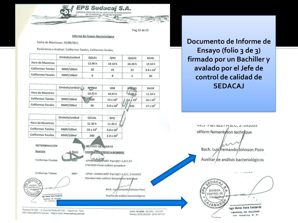 Documento de Informe de Ensayo (folio 3 de 3) firmado por un Bachiller y avalado por el Jefe de control de calidad de SEDACAJ