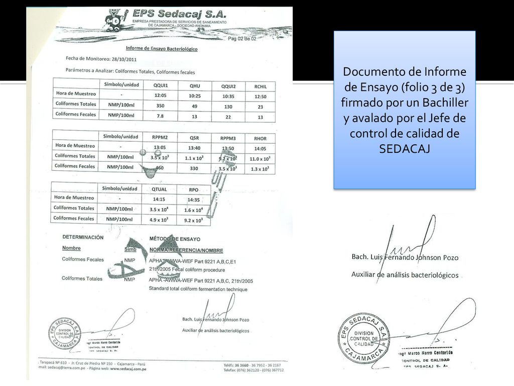 Documento de Informe de Ensayo (folio 3 de 3) firmado por un Bachiller y avalado por el Jefe de control de calidad de SEDACAJ