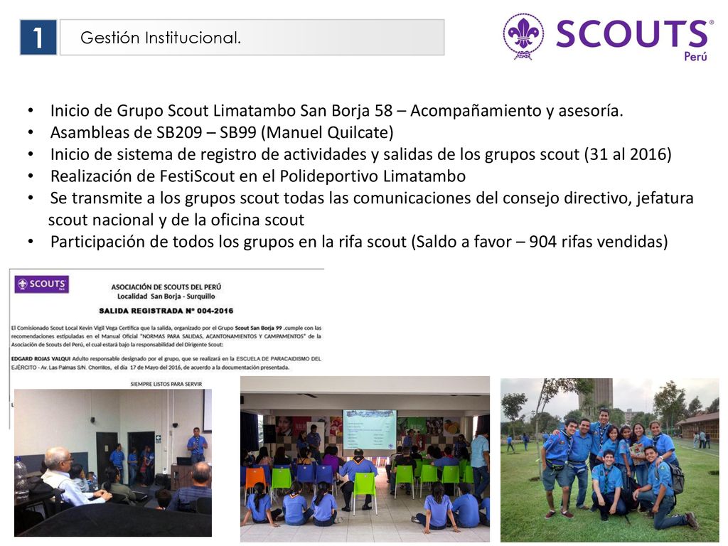 1 Gestión Institucional. Inicio de Grupo Scout Limatambo San Borja 58 – Acompañamiento y asesoría.