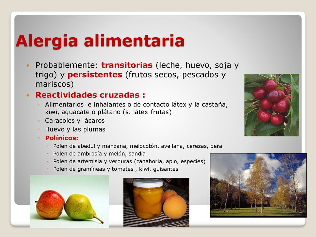 Alergia alimentaria Probablemente: transitorias (leche, huevo, soja y trigo) y persistentes (frutos secos, pescados y mariscos)