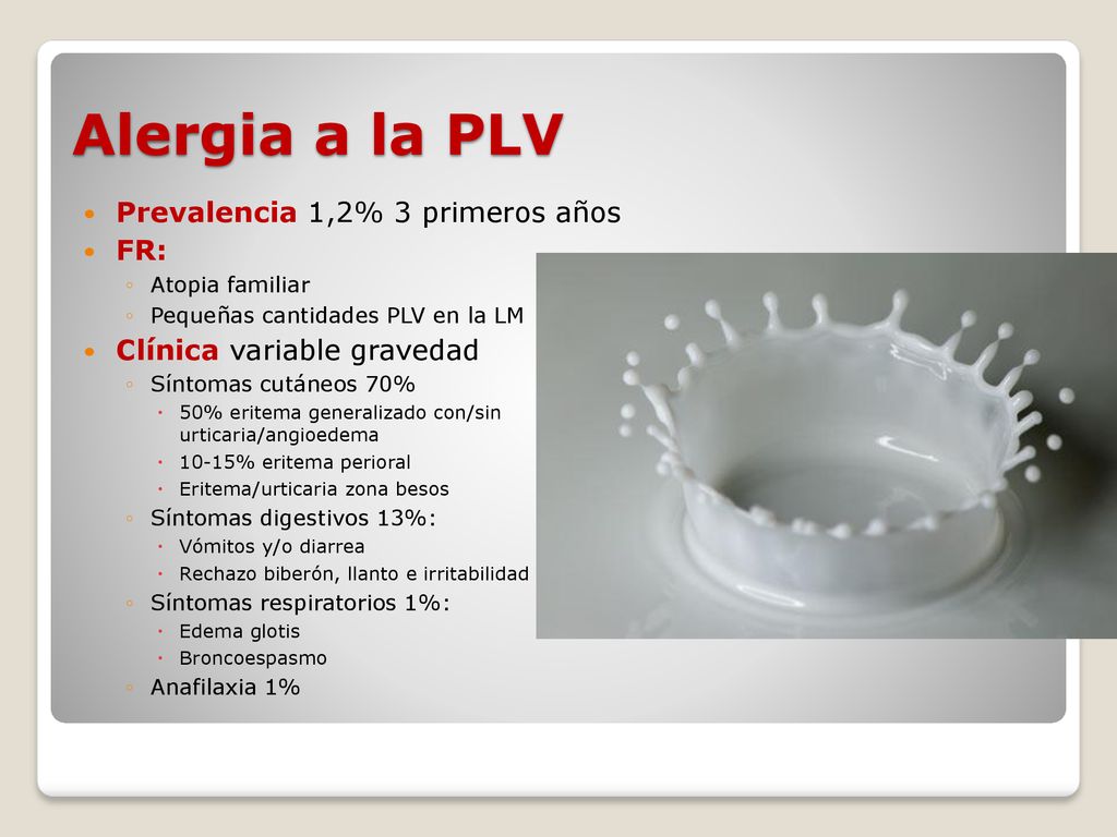 Alergia a la PLV Prevalencia 1,2% 3 primeros años FR: