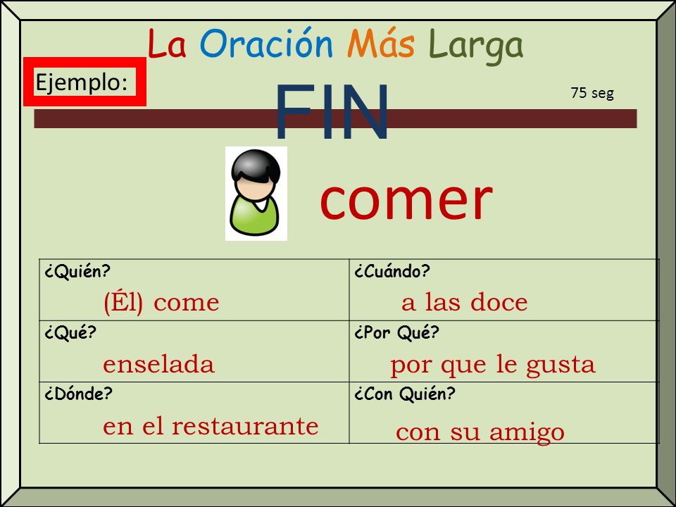 FIN comer La Oración Más Larga Ejemplo: (Él) come a las doce enselada