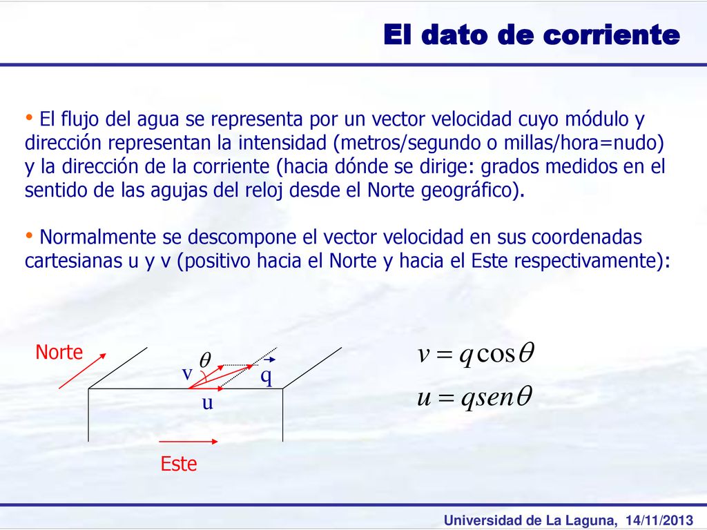 El dato de corriente El flujo del agua se representa por un vector velocidad cuyo módulo y.