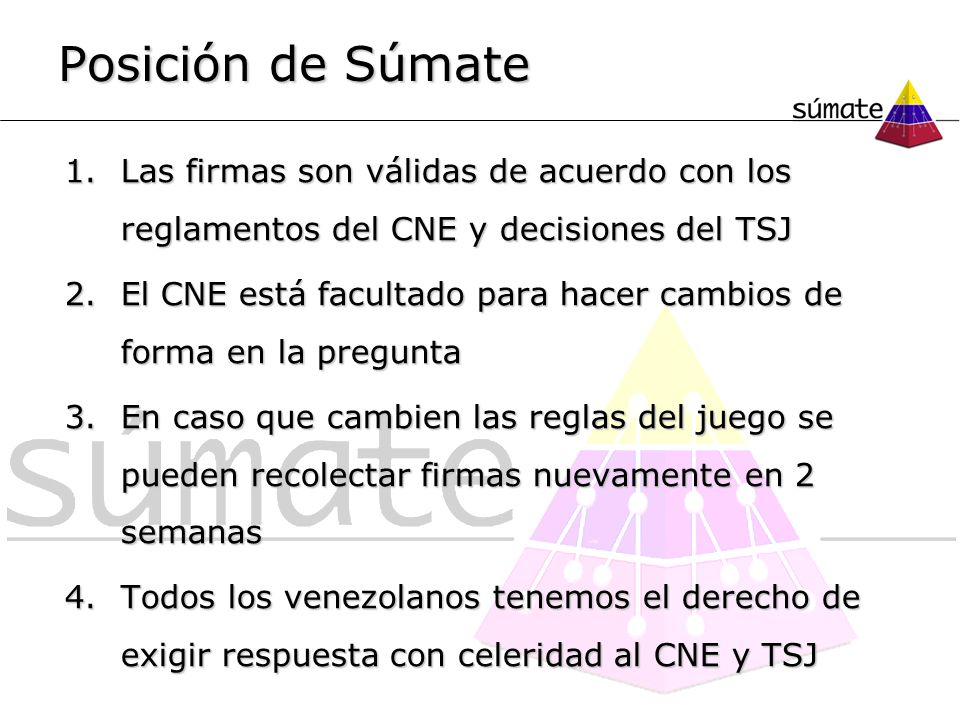 Posición de Súmate Las firmas son válidas de acuerdo con los reglamentos del CNE y decisiones del TSJ.