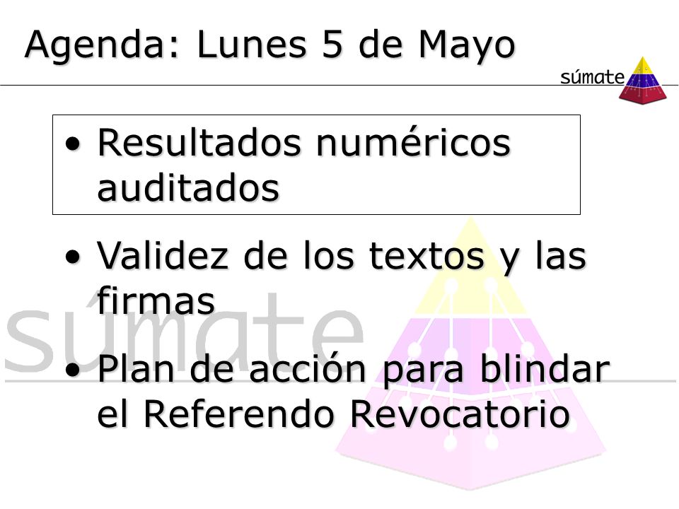 Agenda: Lunes 5 de Mayo Resultados numéricos auditados.