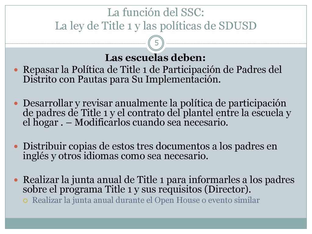 La función del SSC: La ley de Title 1 y las políticas de SDUSD