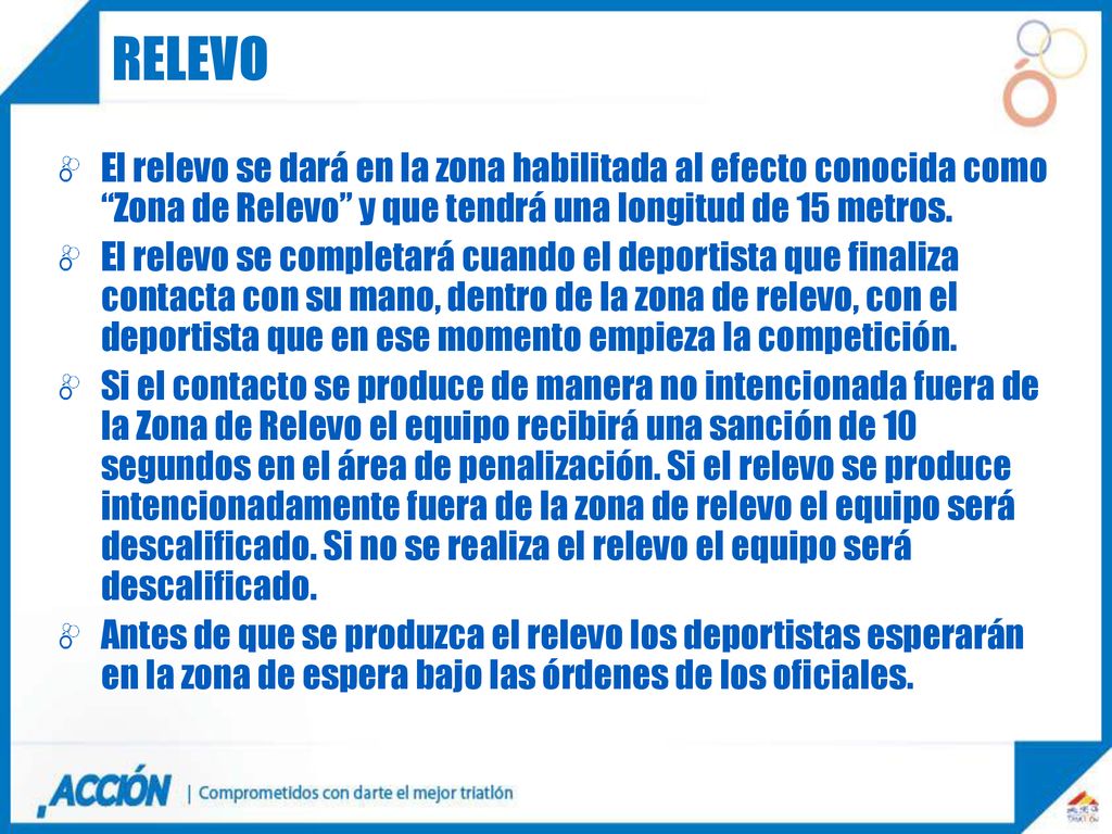 RELEVO El relevo se dará en la zona habilitada al efecto conocida como Zona de Relevo y que tendrá una longitud de 15 metros.