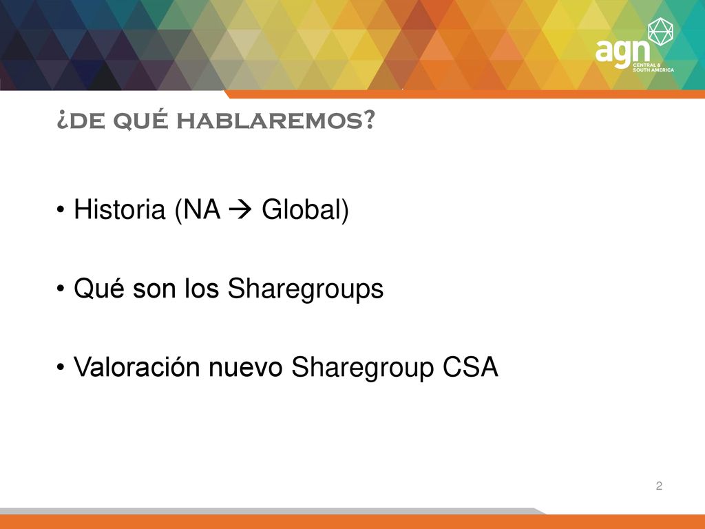 ¿de qué hablaremos Historia (NA  Global) Qué son los Sharegroups Valoración nuevo Sharegroup CSA