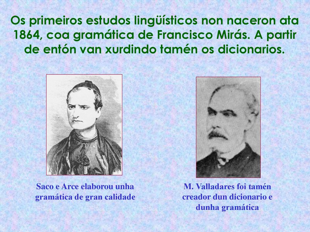 Os primeiros estudos lingüísticos non naceron ata 1864, coa gramática de Francisco Mirás. A partir de entón van xurdindo tamén os dicionarios.