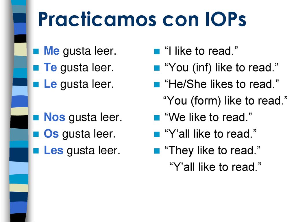 Practicamos con IOPs Me gusta leer. Te gusta leer. Le gusta leer.