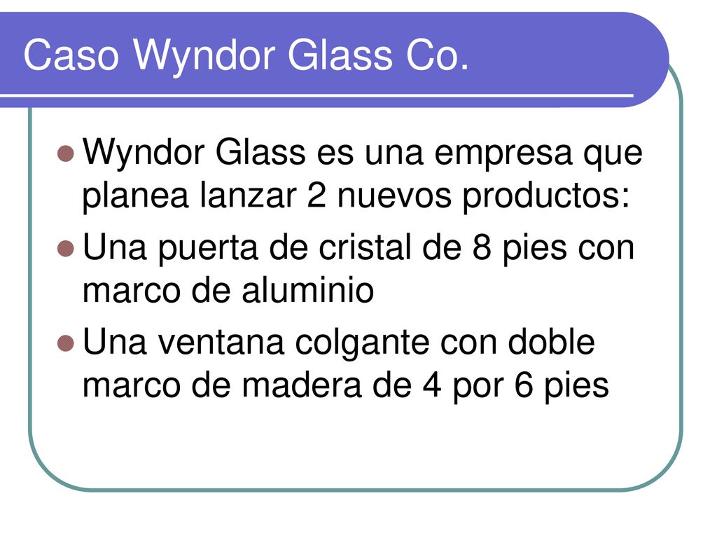 Caso Wyndor Glass Co. Wyndor Glass es una empresa que planea lanzar 2 nuevos productos: Una puerta de cristal de 8 pies con marco de aluminio.