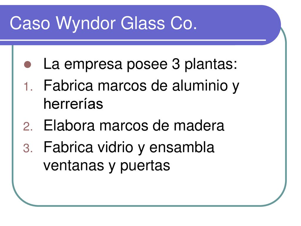 Caso Wyndor Glass Co. La empresa posee 3 plantas: